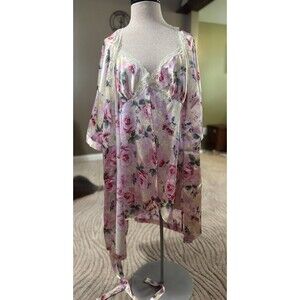 Secret Treasures 2 Piece Pink Floral Silky Sleepwear Peek A Boo Nightie And Robe